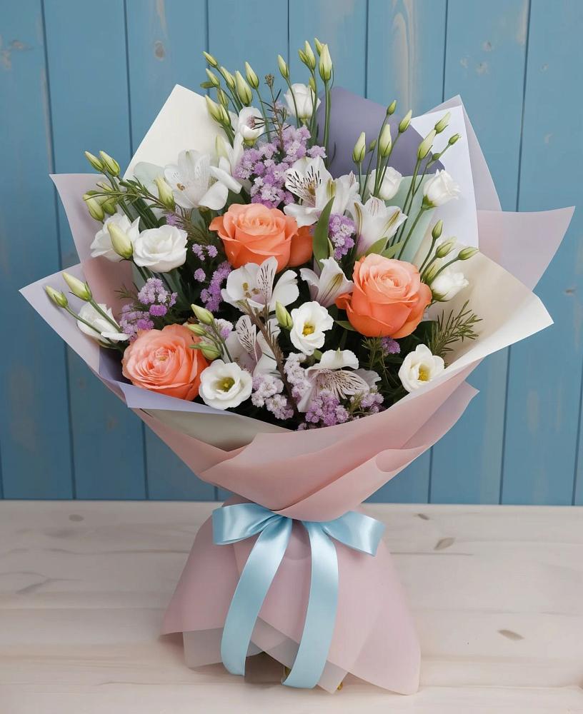 Букет цветов из: Лизиантусы, Розы, Альстромерии и Гипсофила в Чинаре