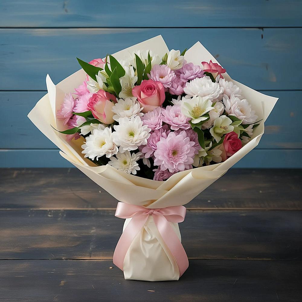 Букет цветов из: Хризантемы, Альстромерии и Розы в Чинаре